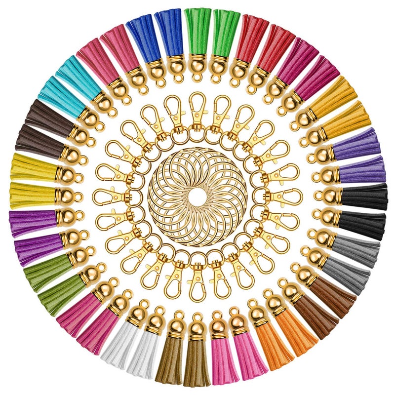 Anezus 100Pcs Craft Tassel Set - 50 Tassels, 25 Lobster Clasp Keychains, 25 Rings for Acrylic Keychains, Gold - Image 1